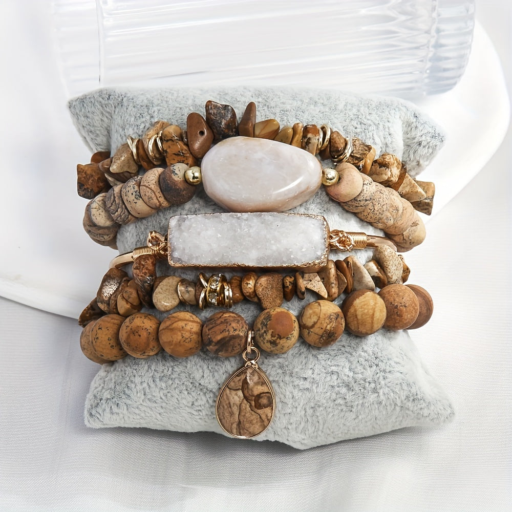 5pc Vintage Charm Boho Beaded Bracelet Set - Effortless Stackable, Elastic Stretch, Handmade Jewelry for Bohemian Style Enthusiasts