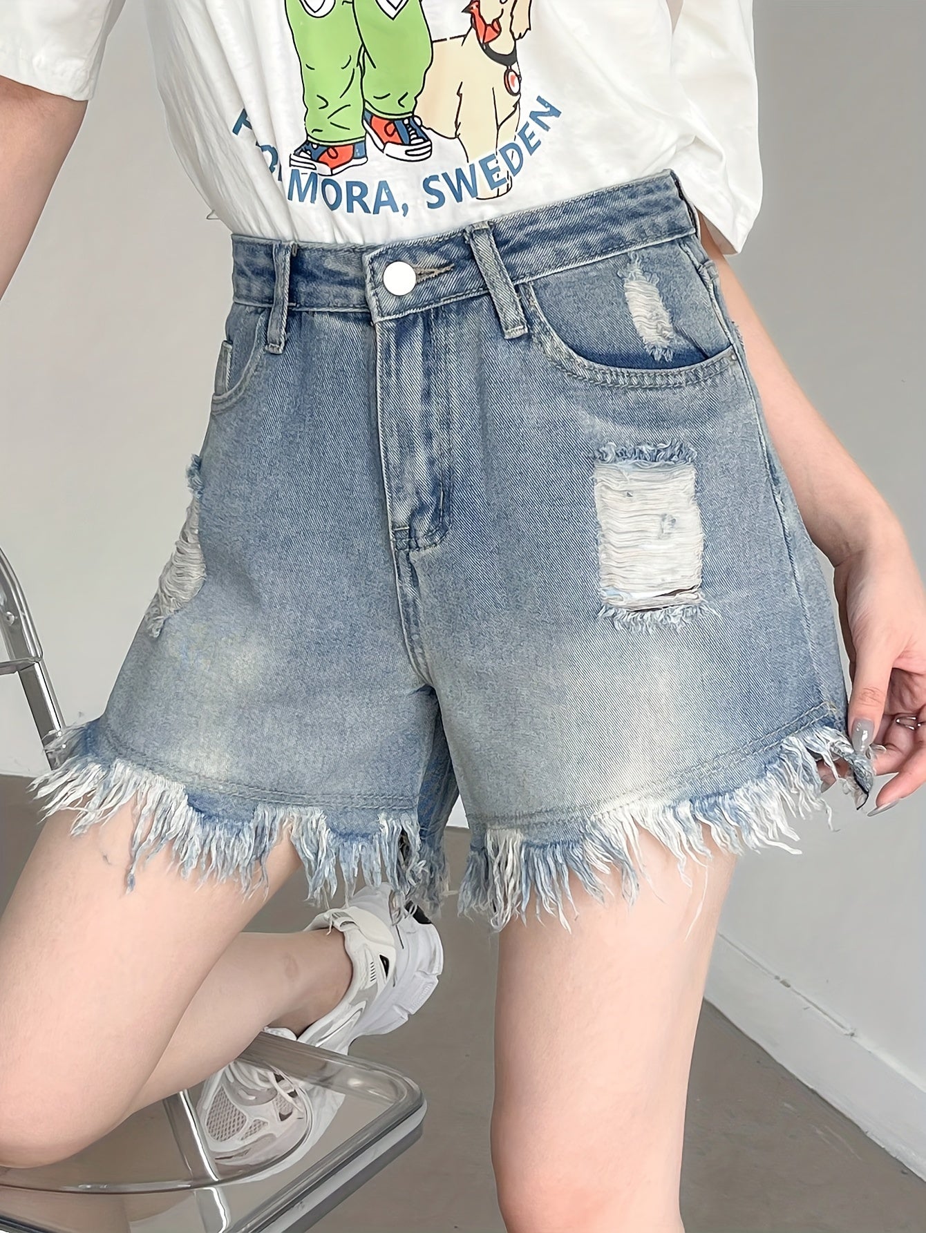 ZllKl Ripped Raw Hem Denim Shorts, Distressed Washed Blue Denim Shorts, Women's Denim Jeans & Clothing