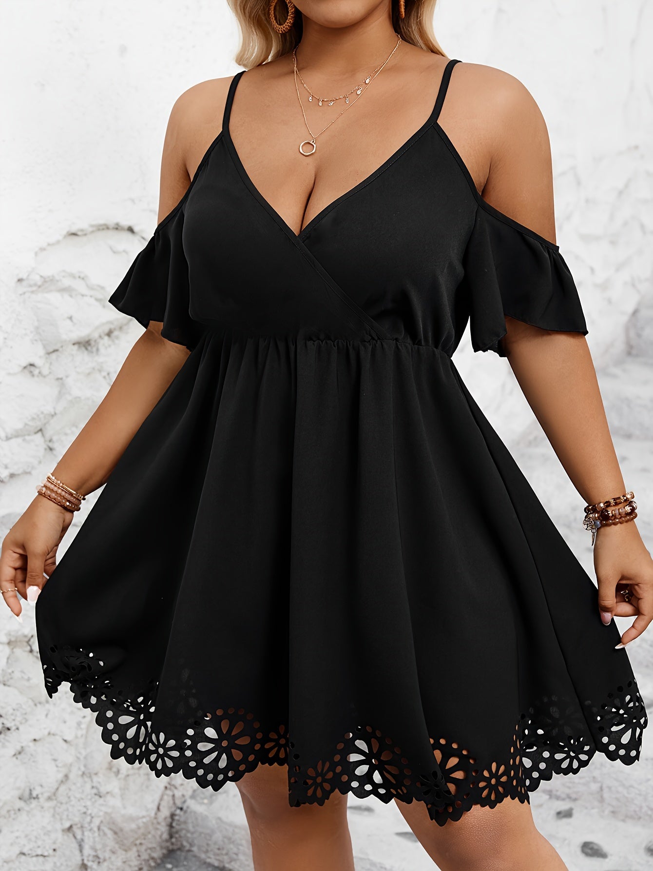 Plus Size Cutout Dress - Dramatic Cutout Trim, Cold Shoulder, Short Sleeve, Elegant Style - Perfect for Spring and Summer, Plus Size Womens Clothing