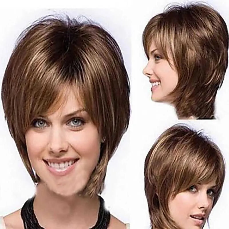 Synthetic Wigs Cosplay Wigs HAIRJOY Women Straight Bangs Style Pixie Cut Synthetic Hair Wig Brown Mixed Short Wigs Machine Made 240329