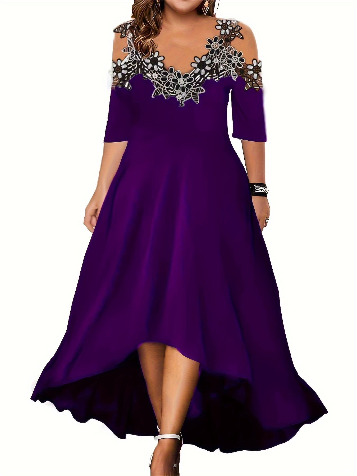 Plus Size Floral Chic V Neck Cold Shoulder Lace Stitching Dress - Elegant Short Sleeve Women's Clothing for Special Occasions - Perfect for Summer, Party, Wedding, and Date Night