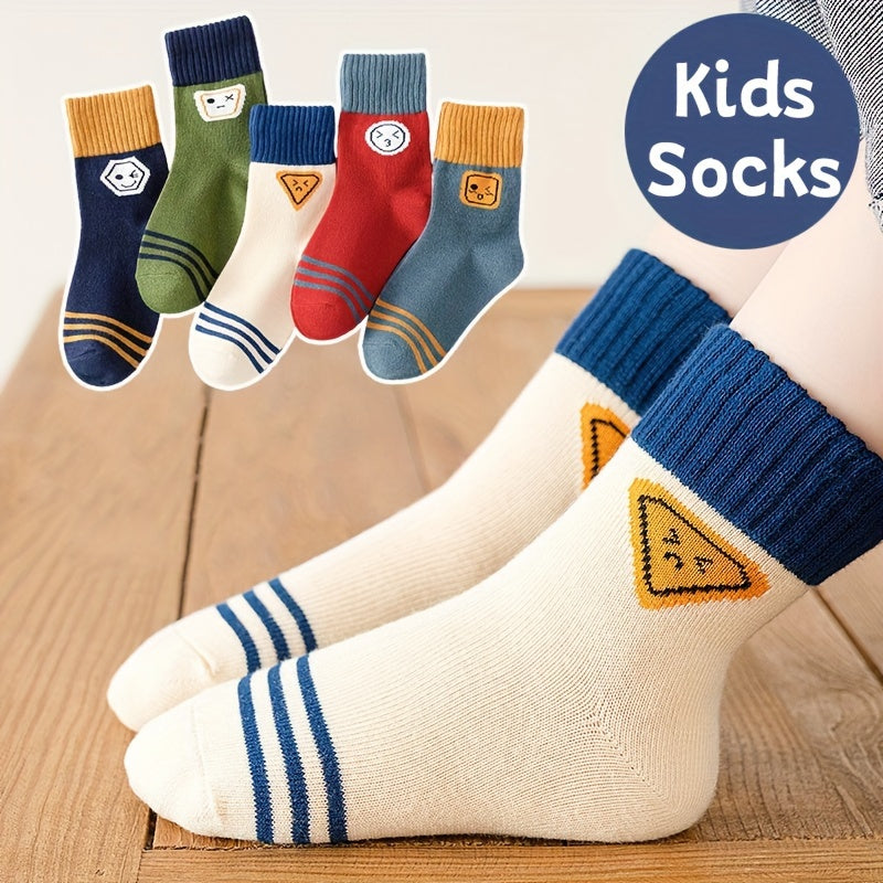 Boys Cartoon Calf Socks 5-Pack, Knit Fabric, Polyester 95%, Spandex 5%, Hand Washable, Cozy Fall/Winter Crew Socks for Kids Age 12 & Under
