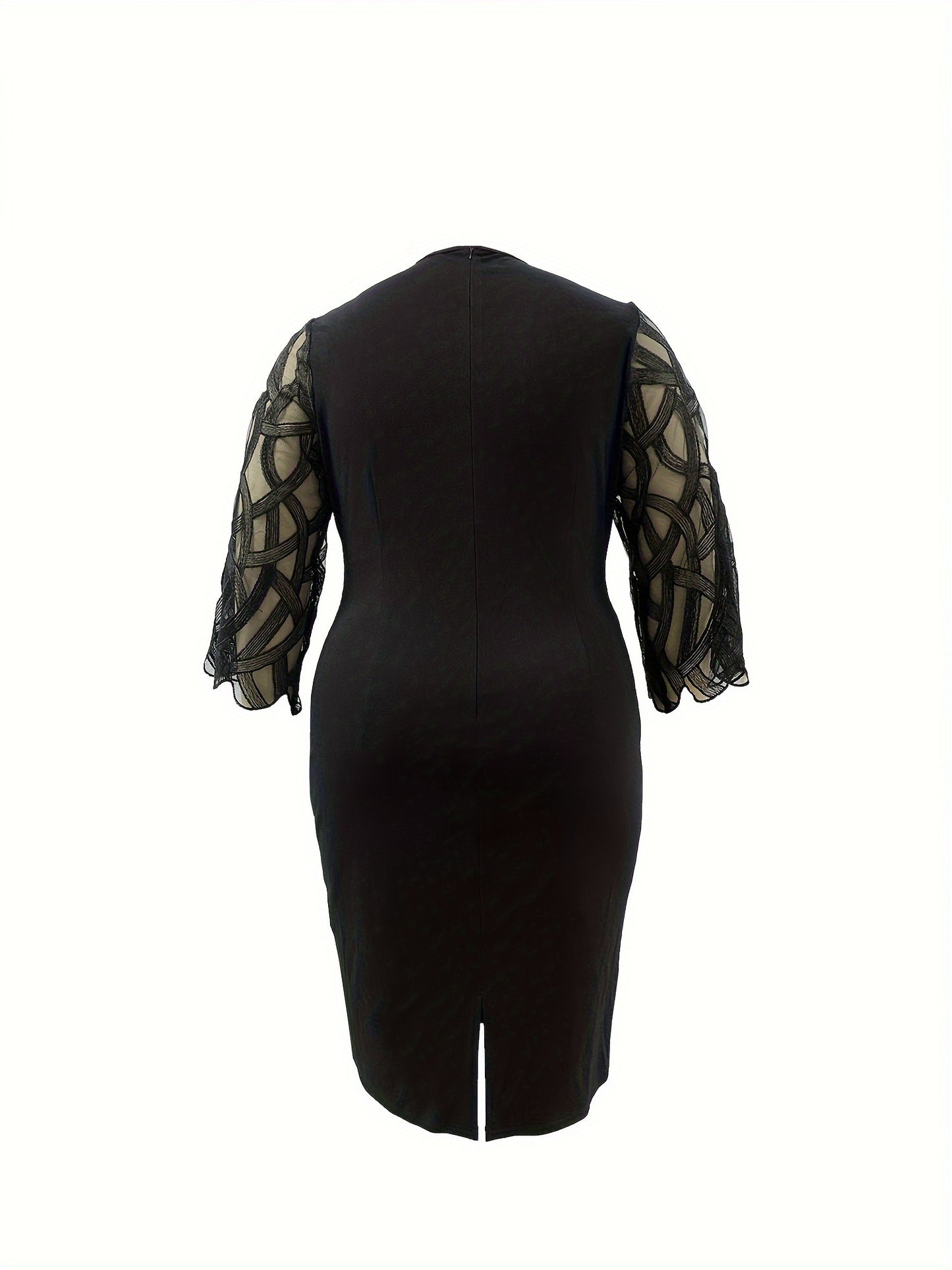 Plus Size Midi Fitted Bodycon Dress - Elegant Crew Neck, Three Quarter Sleeve, Slight Stretch, Contrast Sequin Stitching, Solid Color, Polyester, Hand Wash, Spring/Summer, Mature Occasion