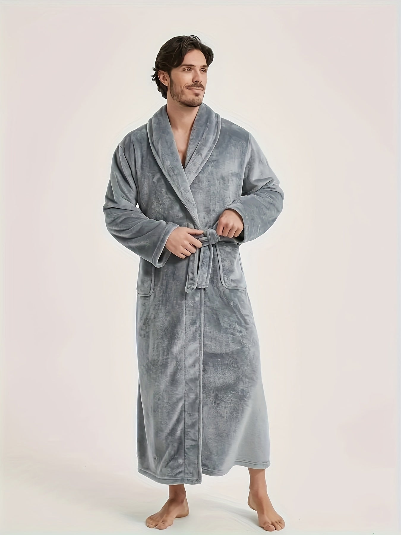 Super- Stylish Men's Flannel V-neck Loose Robe, Soft Fleece Elegant Long Sleeve Lounge Wear, For Autumn/Winter