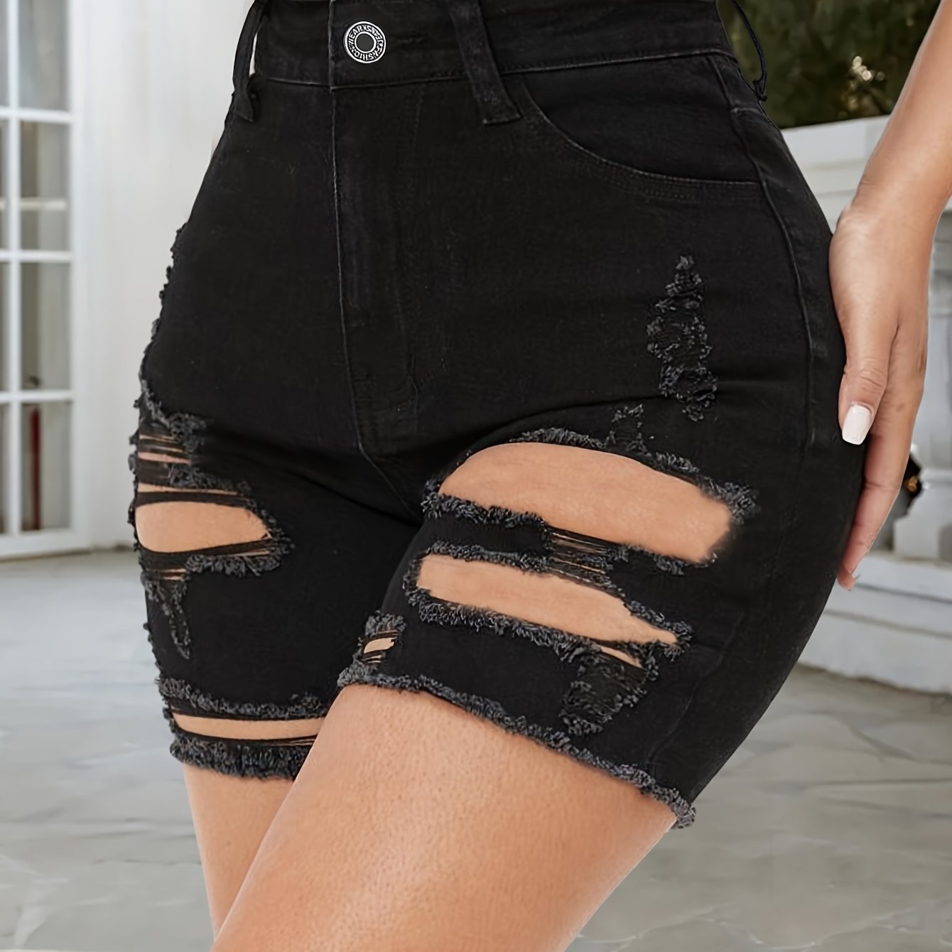 ZllKl Ripped Raw Hem Hot Denim Shorts, High Rise Stretchy Denim Shorts, Women's Denim Jeans & Clothing