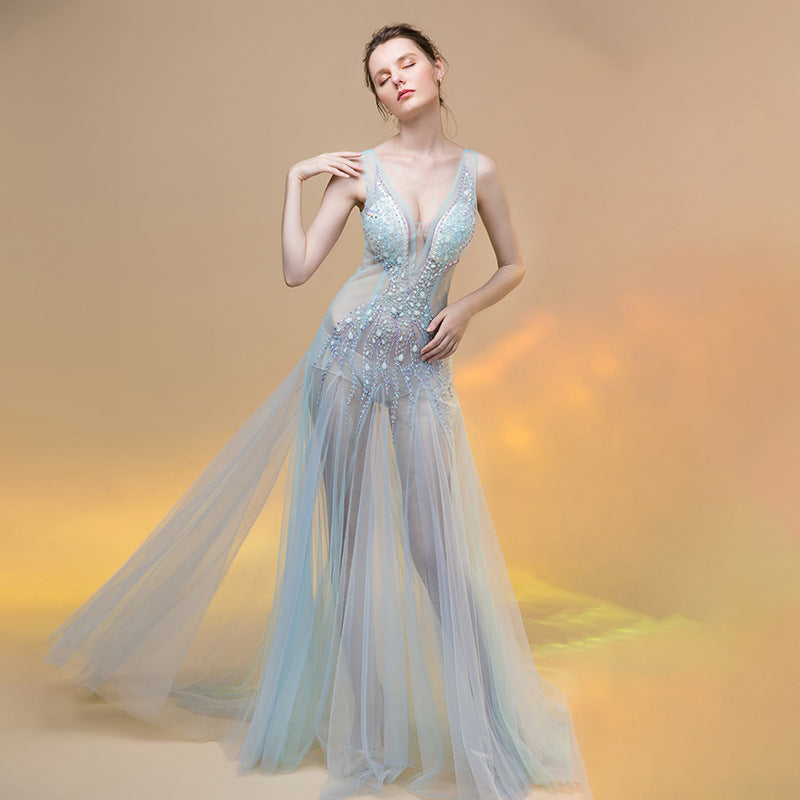 2025 G1711/Sexy perspective dress mesh yarn hand-sewn drilled deep V-neck long car show catwalk performance