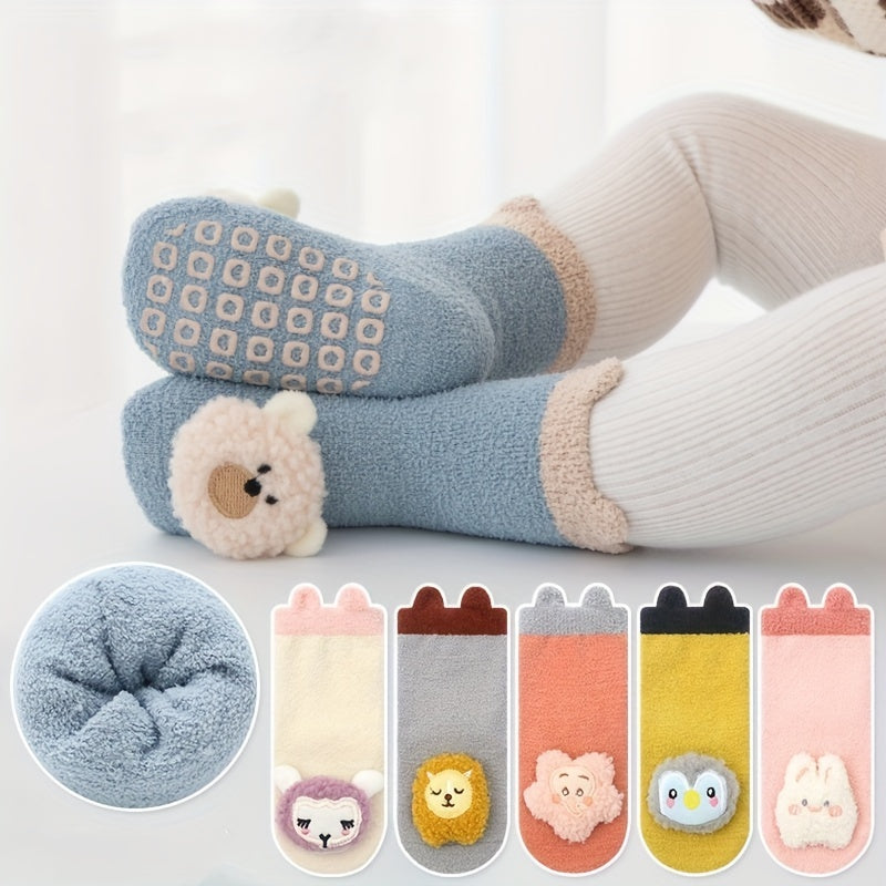 3 Pairs Of Baby Girl's Non Slip Floor Socks With Cute Decoration, Comfy Breathable Thermal Socks, Winter & Autumn