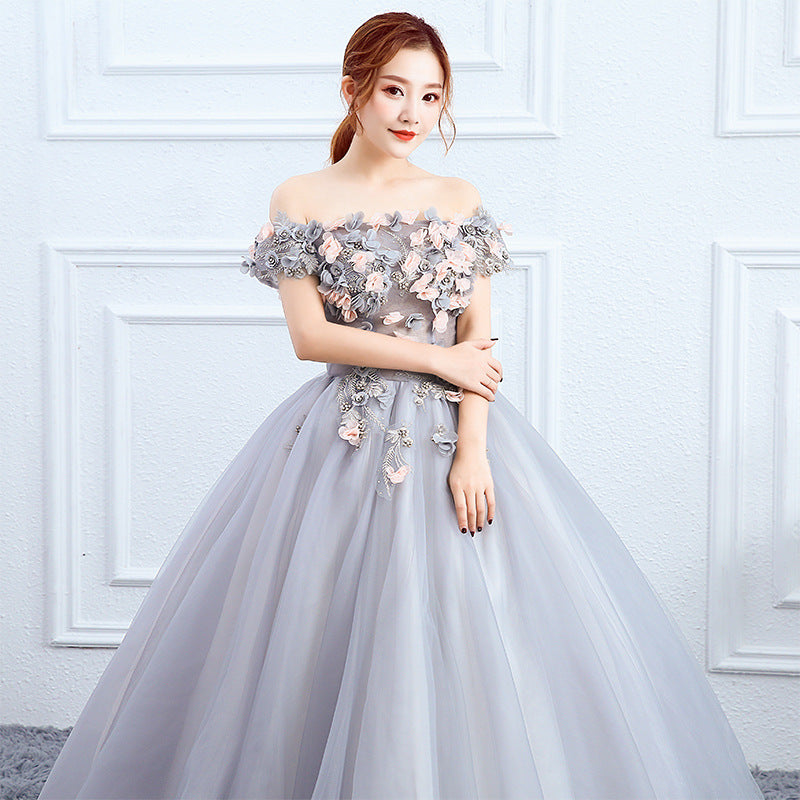 2025 new female long color yarn studio bridal banquet host evening dress solo art test performance dress fluffy skirt