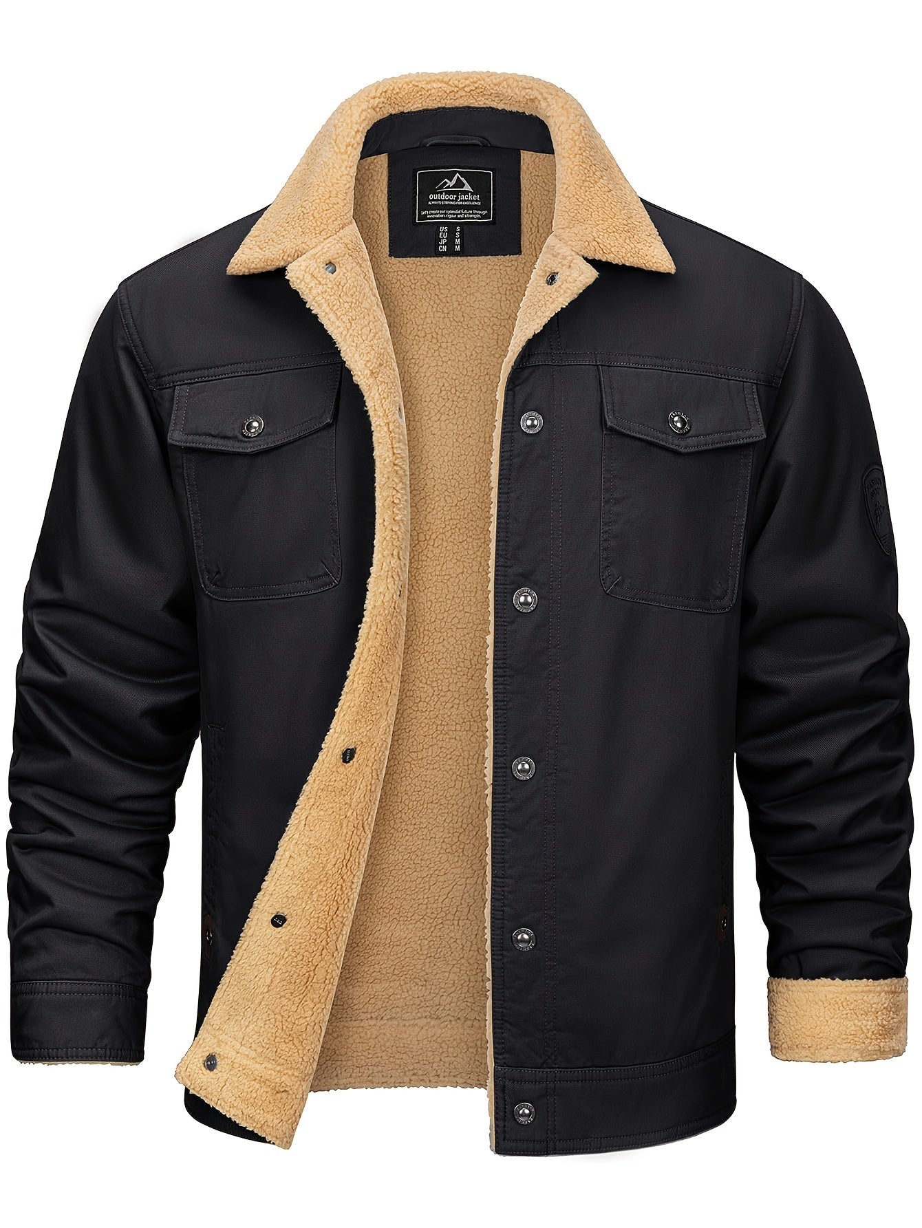 Men's Plus Size Lapel Fleece Jacket Coat Winter Windproof Metal Button Fleece Lined Warm Jacket Adjustable Snap Button Cuffs And Hem Multiple Pockets Soft And Comfortable For Traveling Work Motorcycle Riding Hiking Camping Golf Fleece Warm Jacket