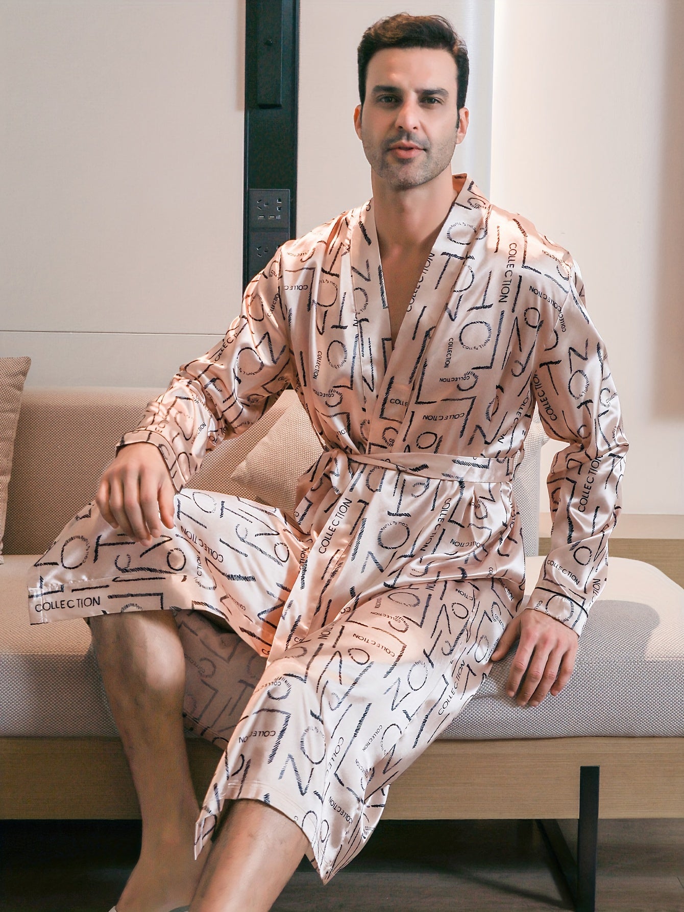 Mens Ultra-Soft Comfy Robe - Stylish Letter Pattern Design, Convenient Side Pocket, Adjustable Lace-Up Closure, Classic One-Piece Design - Ideal for Lounging Around the House in Comfort at Night