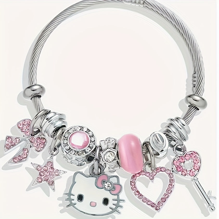 Stunning Sanrio Hello Kitty Mosaic Zircon Alloy Bracelet - Sparkling Cartoon Bangle for Girls, Unique Sweet Gift Idea with No Plating, Exquisite Detailing