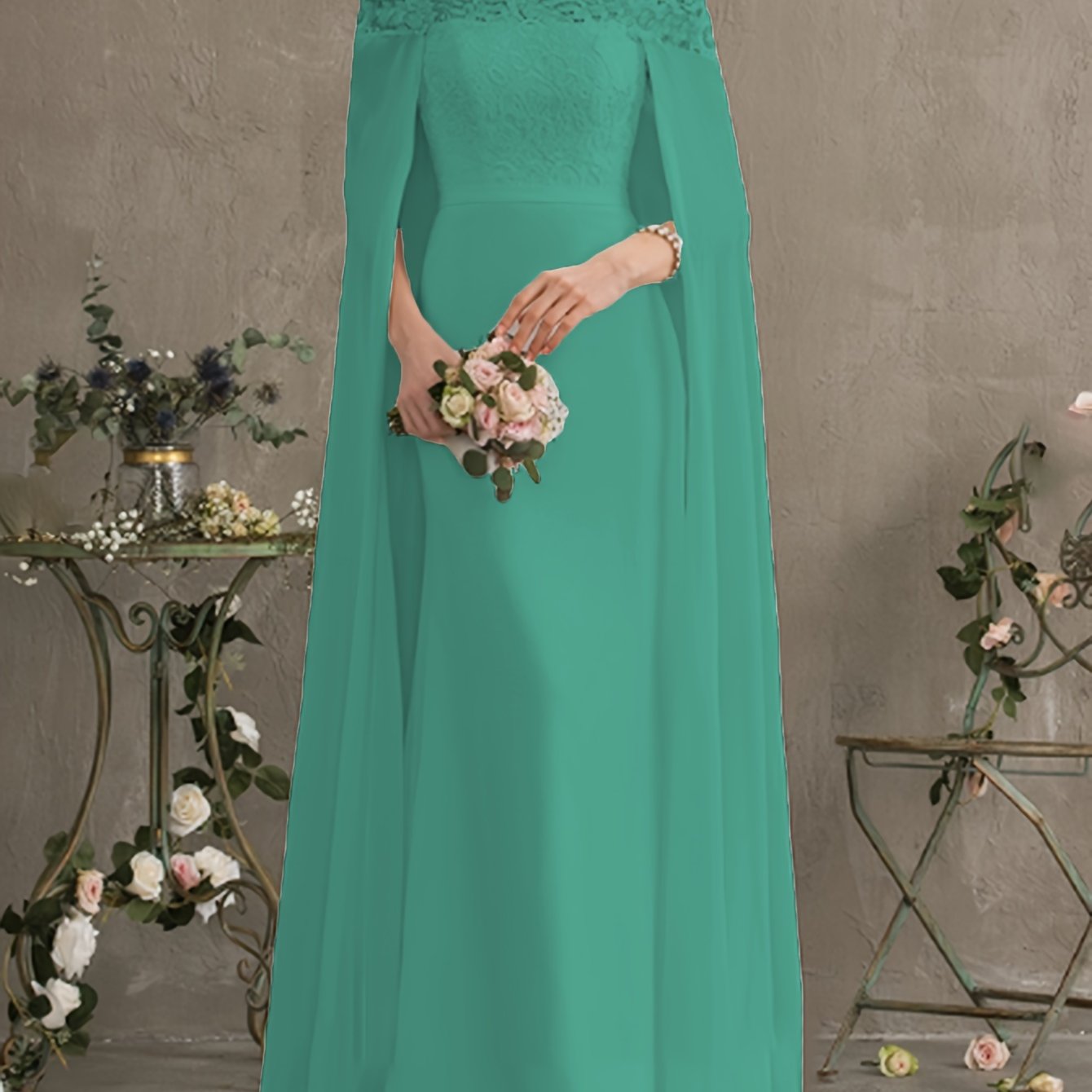 Long Length Off the Shoulder Bodycon Wedding Dress - Elegant Solid Contrast Lace Cape Design, Micro Elasticity Mesh Fabric, Pleated Hem, Chest Pad, Spring/Summer/Fall Season - Womens Elegant Occasion Dress for Wedding/Evening/Engagement/Ceremony