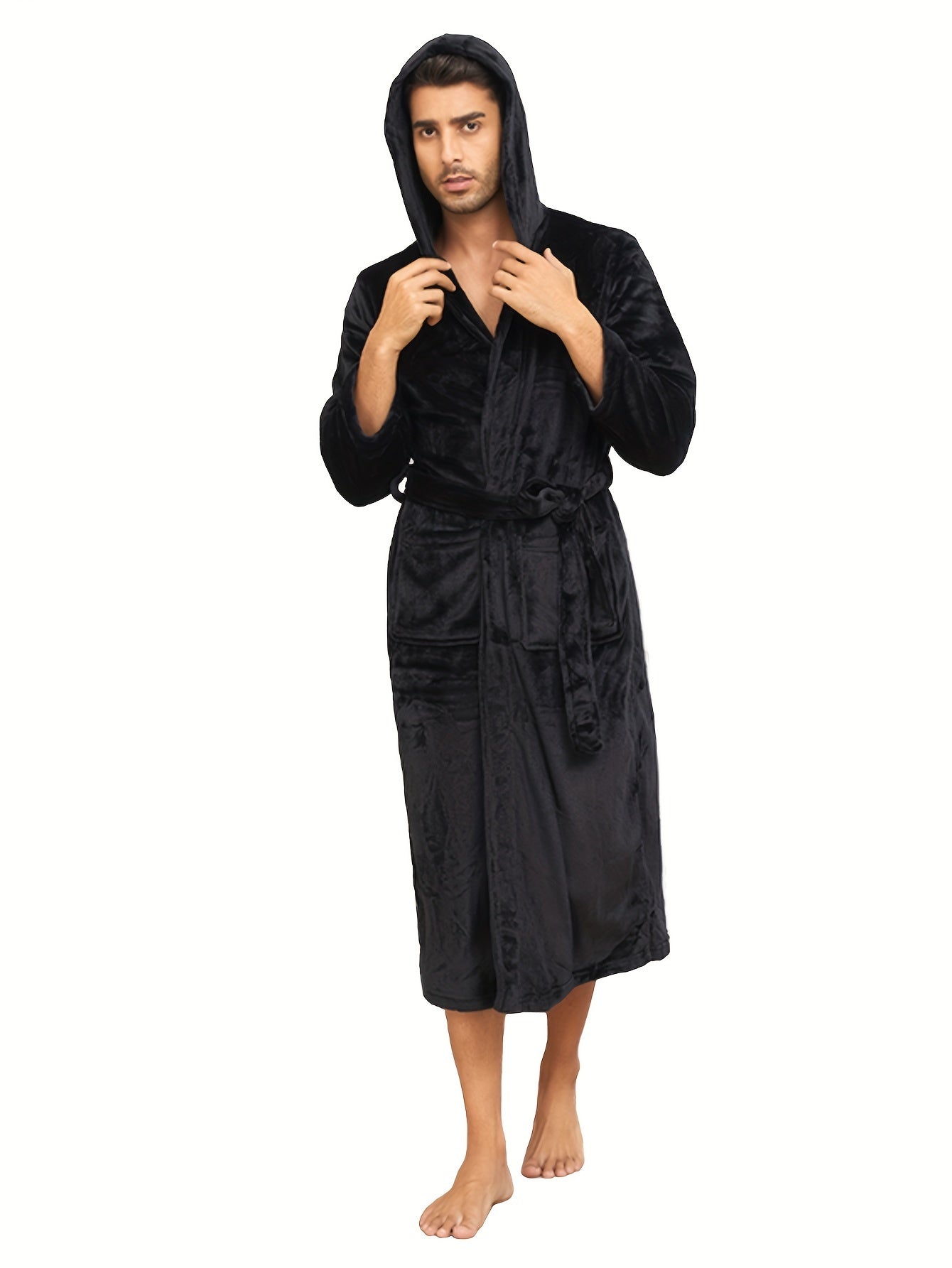 Cozy Plush Fleece Men's Hooded Bathrobe - Soft, Thick, and Fluffy Sleepwear Robes with Pockets for Relaxation - Ideal for Cold Winter Nights, Lounging Around, and Post-Shower Warmth