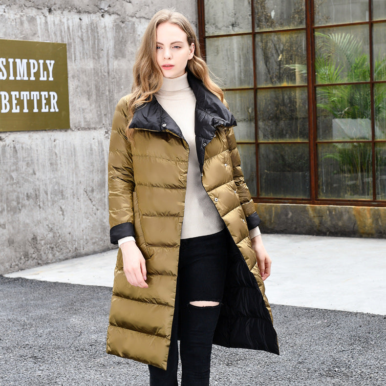 Cross-border wears down jackets on both sides in Europe and the United States, women's medium and long New new light and thin stand-up collar white duck down jacket.