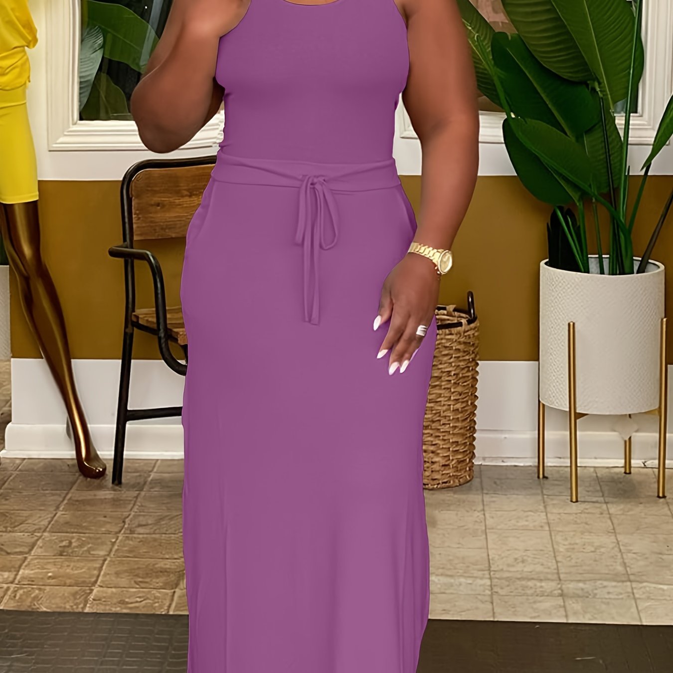 Plus Size Chic Solid Slim Belted Tank Maxi Dress - Comfortable Sleeveless Design for Spring & Summer - Women's Casual Wear for Curvy Figures