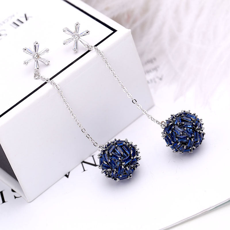 2025 Korean color zircon snowflake long temperament earrings personalized super fairy earrings S925 silver needle hollow ball earrings