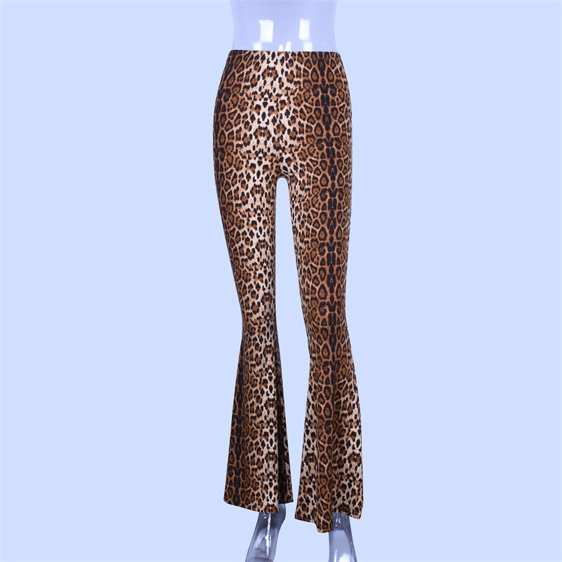 ZllKl European and American Popular Products Autumn New Elastic High Waist Leopard-Print Bell-Bottom Pants Women's Long Foreign Trade Women's Clothing Wholesale