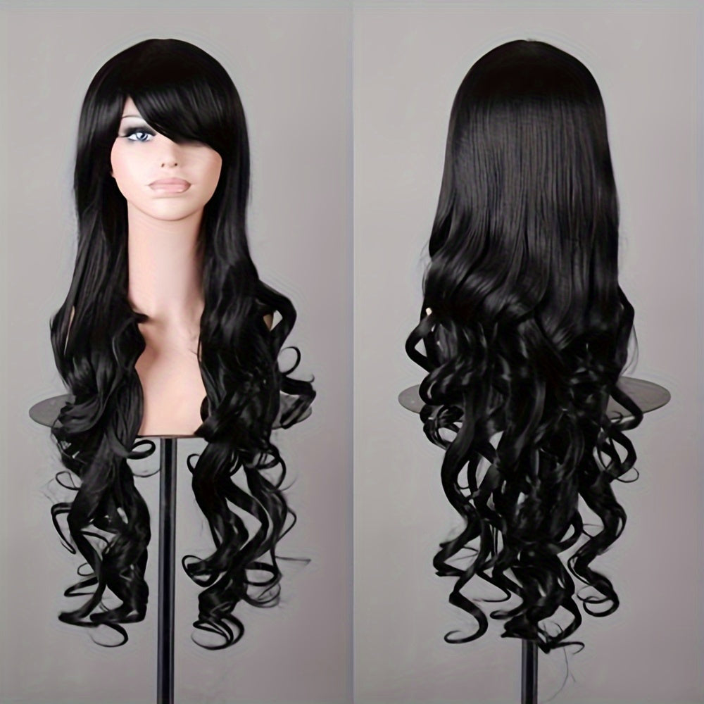 Vibrant Curly Wave Wig with Bangs - Synthetic Hair, Buckle Net Cap, Elegant Style for Women - Perfect for Halloween Party, Music Festival, and Costume Occasions