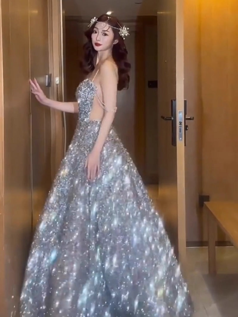 Evening Dress Female Senior Sense Hosting Student Day Bar Mitzvah Art Exam Bright Silver Toasting Dress Bridal Princess Dress
