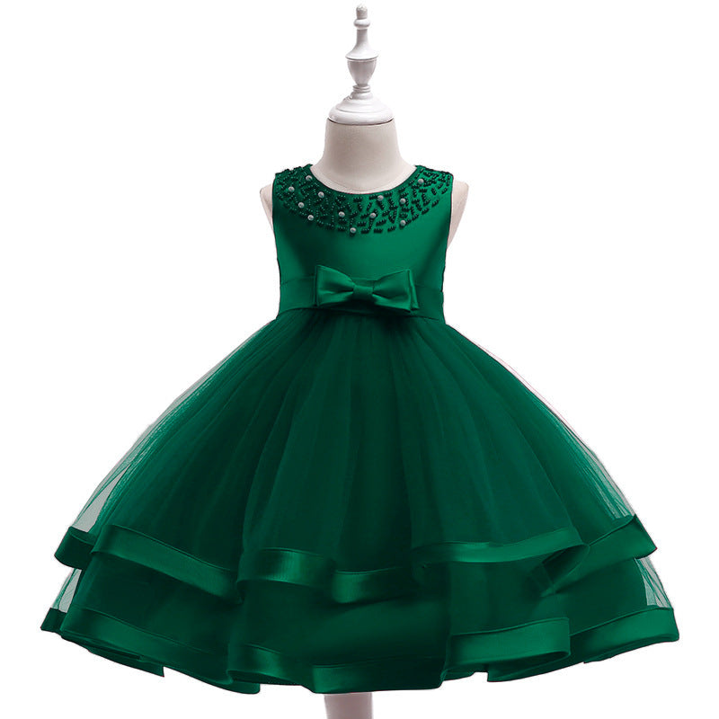 ZllKl Foreign Trade New Host's Dress Children's Wedding Dress Handmade Beaded Princess Dress Girl's Gown One Piece Dropshipping