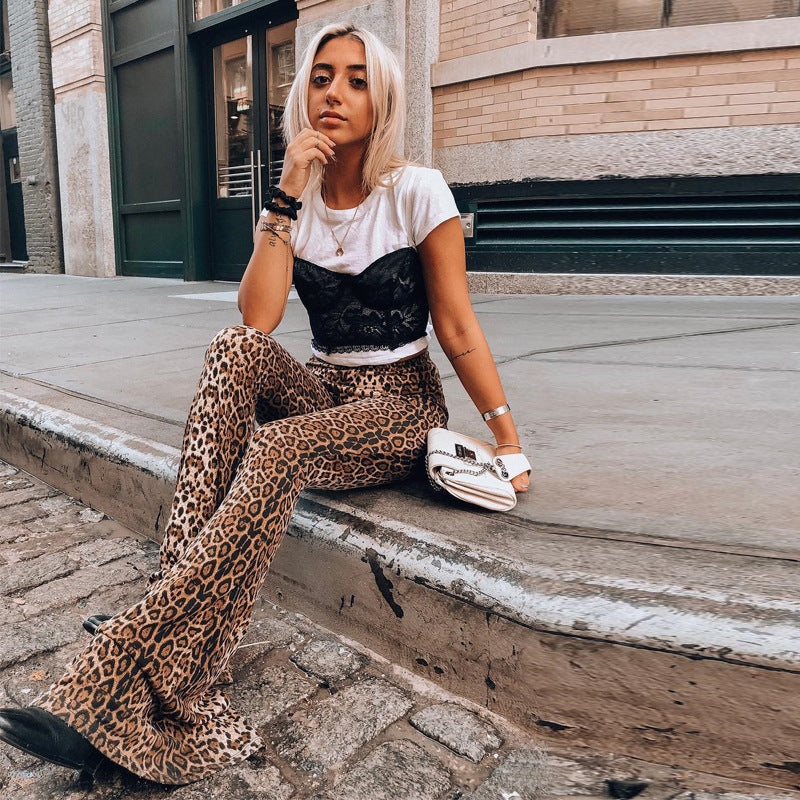 ZllKl European and American Popular Products Autumn New Elastic High Waist Leopard-Print Bell-Bottom Pants Women's Long Foreign Trade Women's Clothing Wholesale