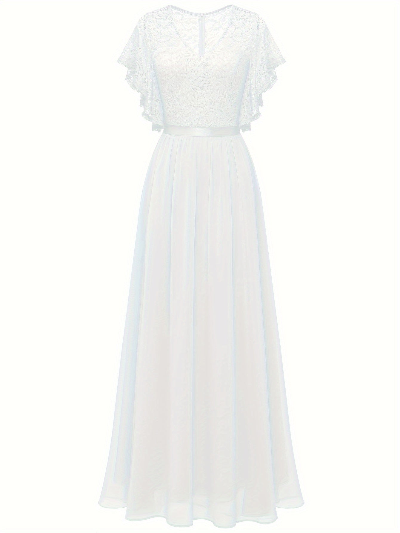 Stunning Lace Splicing V-Neck Bridesmaid Dress - Elegant Ruffle Sleeve, A-Line Floor Length, Perfect for Wedding Party - Womens Formal Clothing for Special Occasions