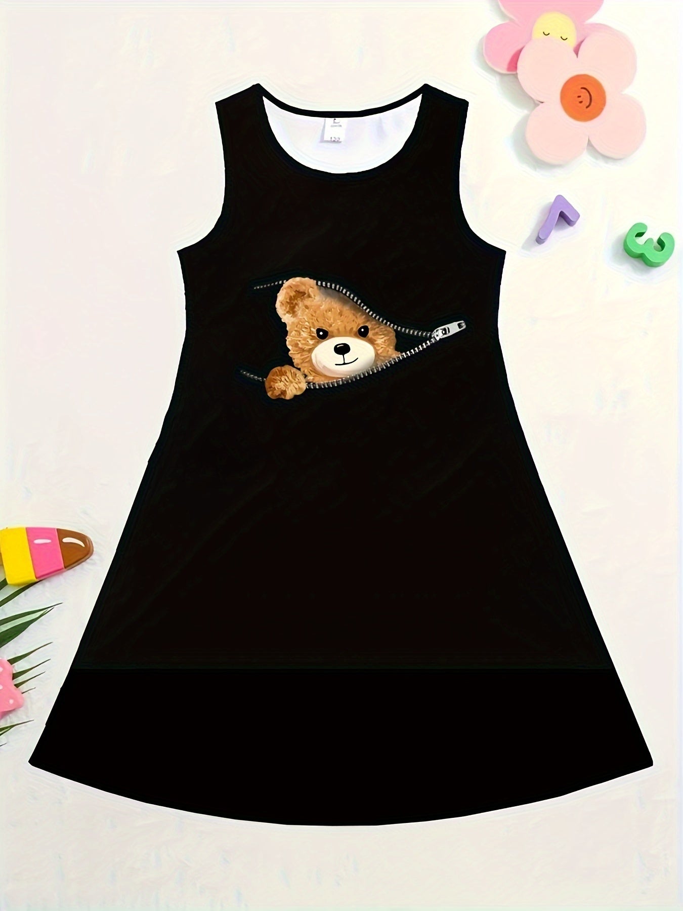 3D Zipper Bear Graphic Midi Dress for Girls - Sleeveless, Crew Neck, Fit and Flare, Slight Stretch, Machine Washable, Cartoon Pattern, Ideal for Casual Outings, Party, Holiday - Polyester, Knee High, Summer Dress