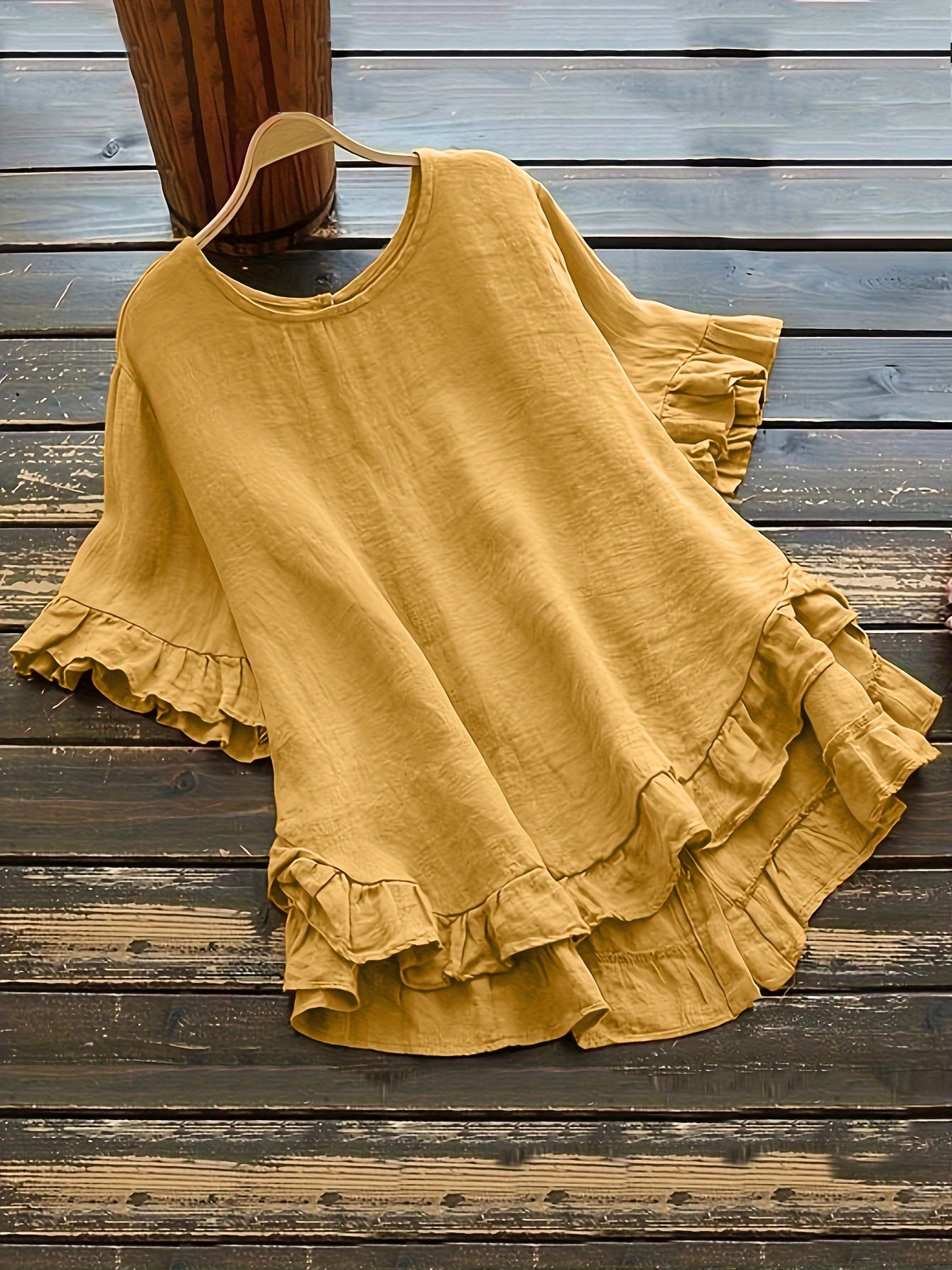 ZllKl Solid Button Back Ruffled Trim Blouse, Casual Short Sleeve Blouse For Spring & Summer, Women's Clothing
