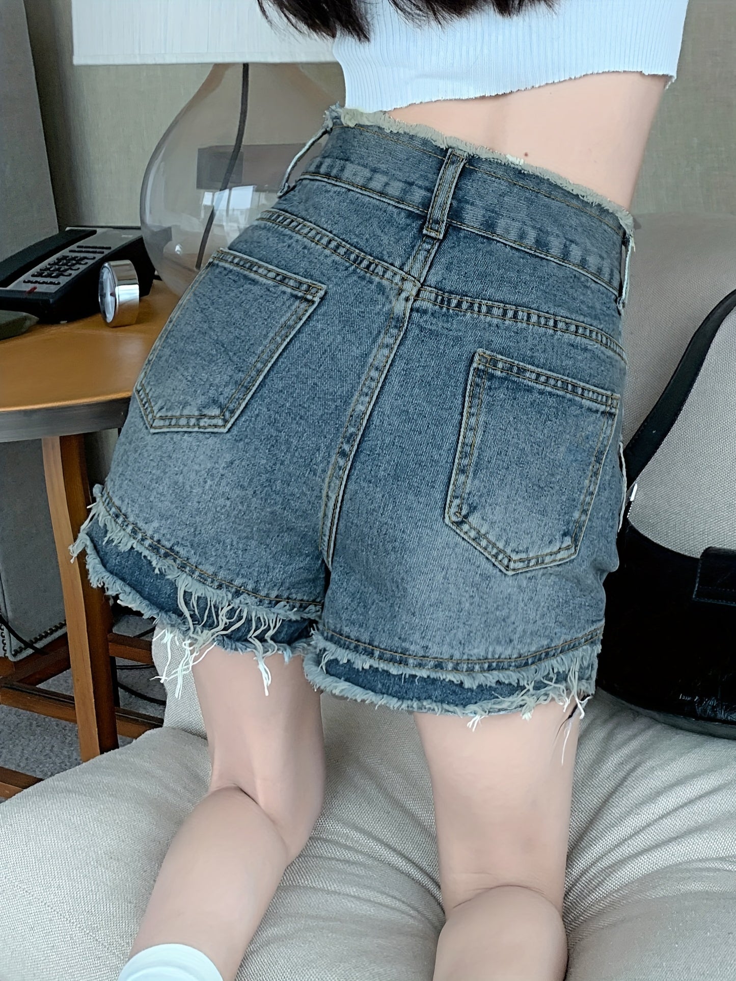 ZllKl Women's Vintage-Inspired Frayed Hem Denim Shorts, Summer Collection, Flattering High-Waist, Trendy Distressed Look For Chic Style.