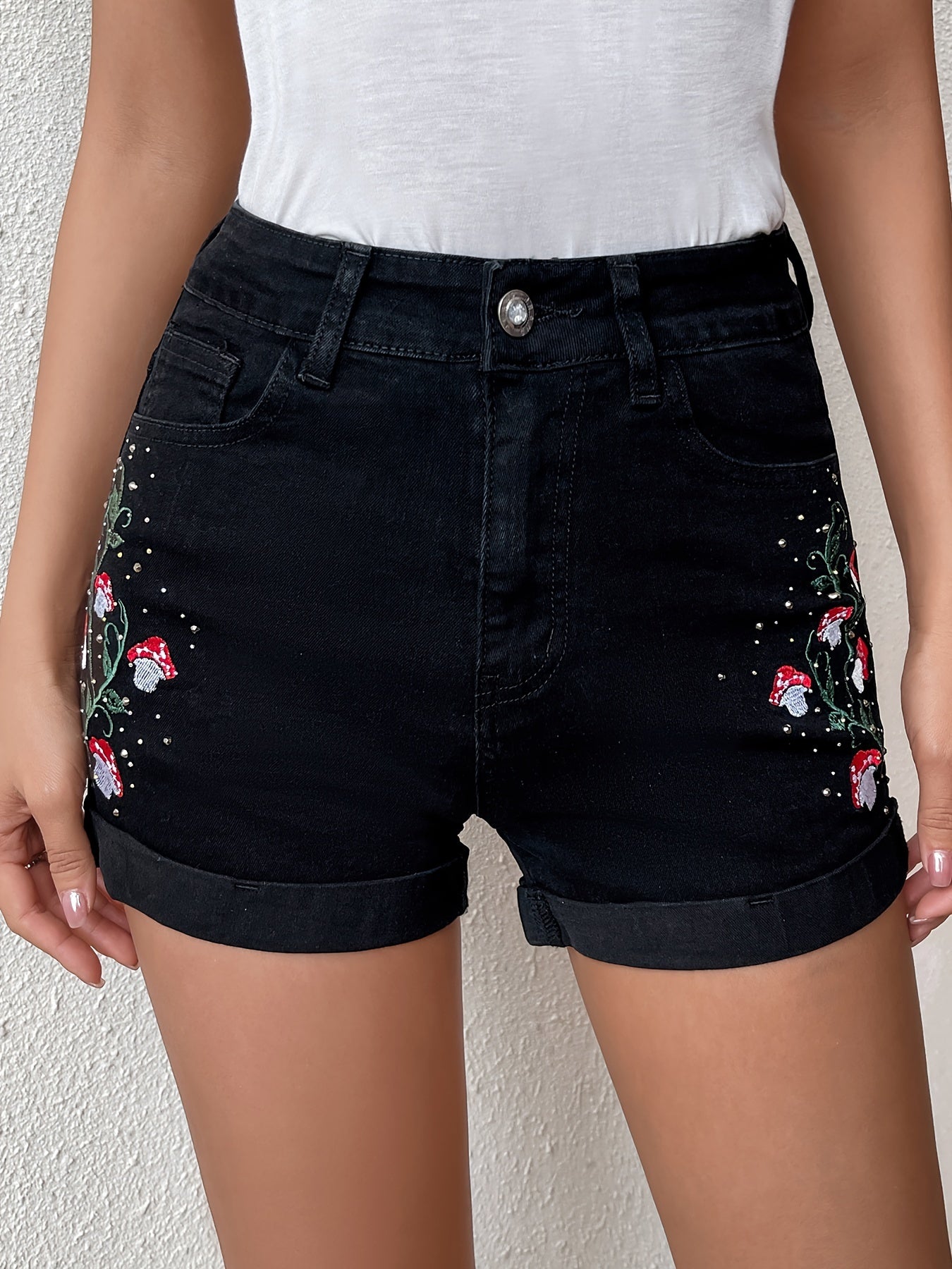 ZllKl Mushroom Plant Embroidery Cute Denim Shorts, Roll Up Hem Slash Pocket Denim Shorts, Women's Denim Jeans & Clothing