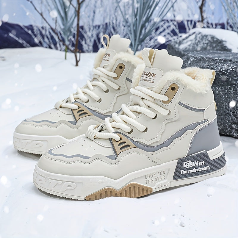 MAINALUN Winter Snow Boots for Men and Women - Vintage Preppy Style Sports Snow Shoes - Solid Color Casual Lace-Up Short Boots with PU Upper, Fabric Inner, PVC Sole - Round Toe Warm Plush Lined
