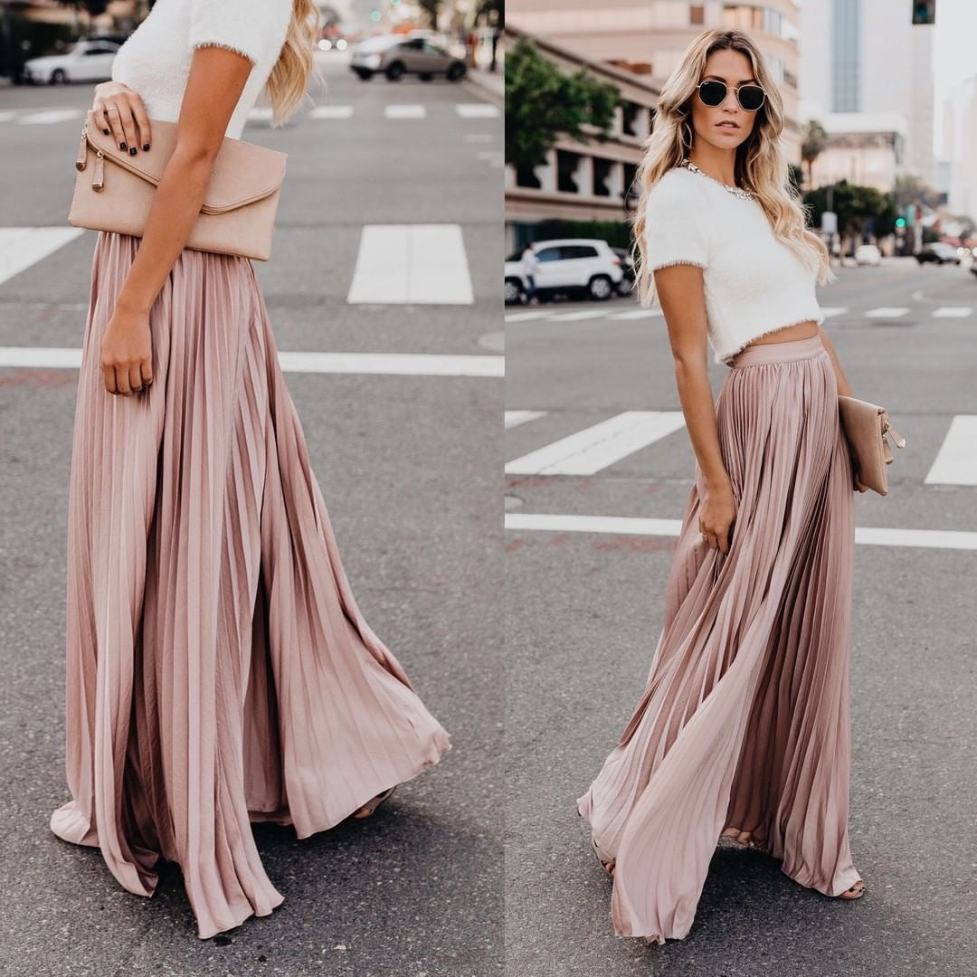 ZllKl New European and American Style plus Size Mid-High Waist Pleated Skirt Women's Large Swing Dress