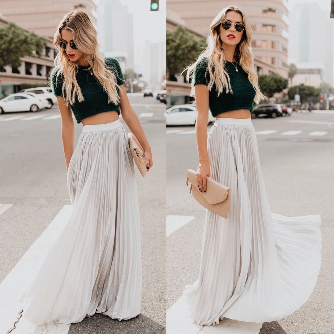ZllKl New European and American Style plus Size Mid-High Waist Pleated Skirt Women's Large Swing Dress