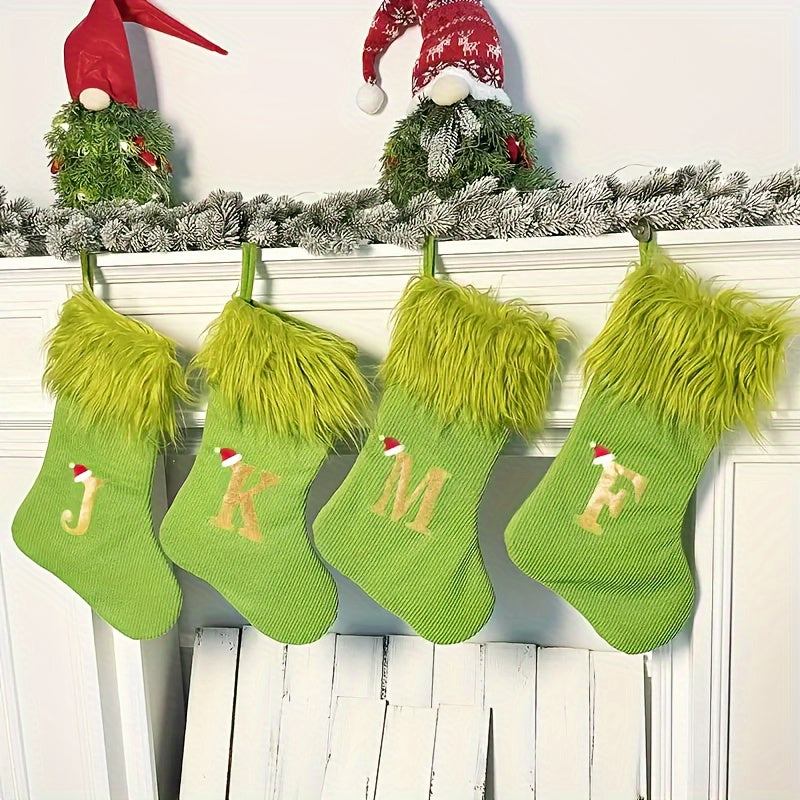 Green Faux Fur Christmas Stockings with Embroidered Letters, 18-inch Festive Holiday Decor, for Home & Party, Polyester, Christmas Decor