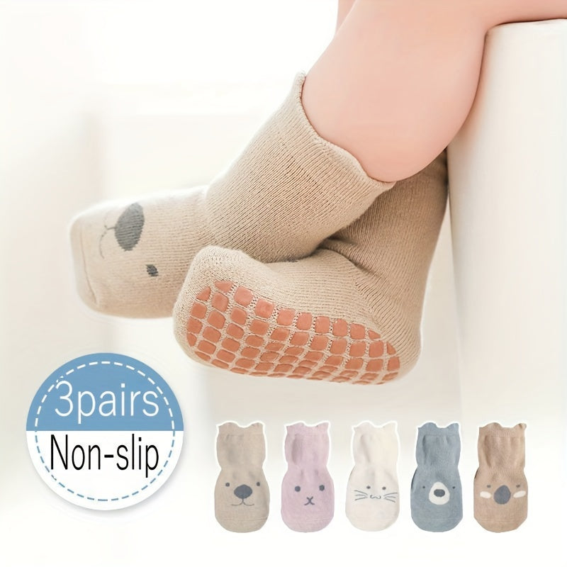 3 Pairs Of Baby Boy's Cute Animals Pattern Crew Socks With Good Grip, Comfy Breathable Thermal Socks, Winter & Autumn