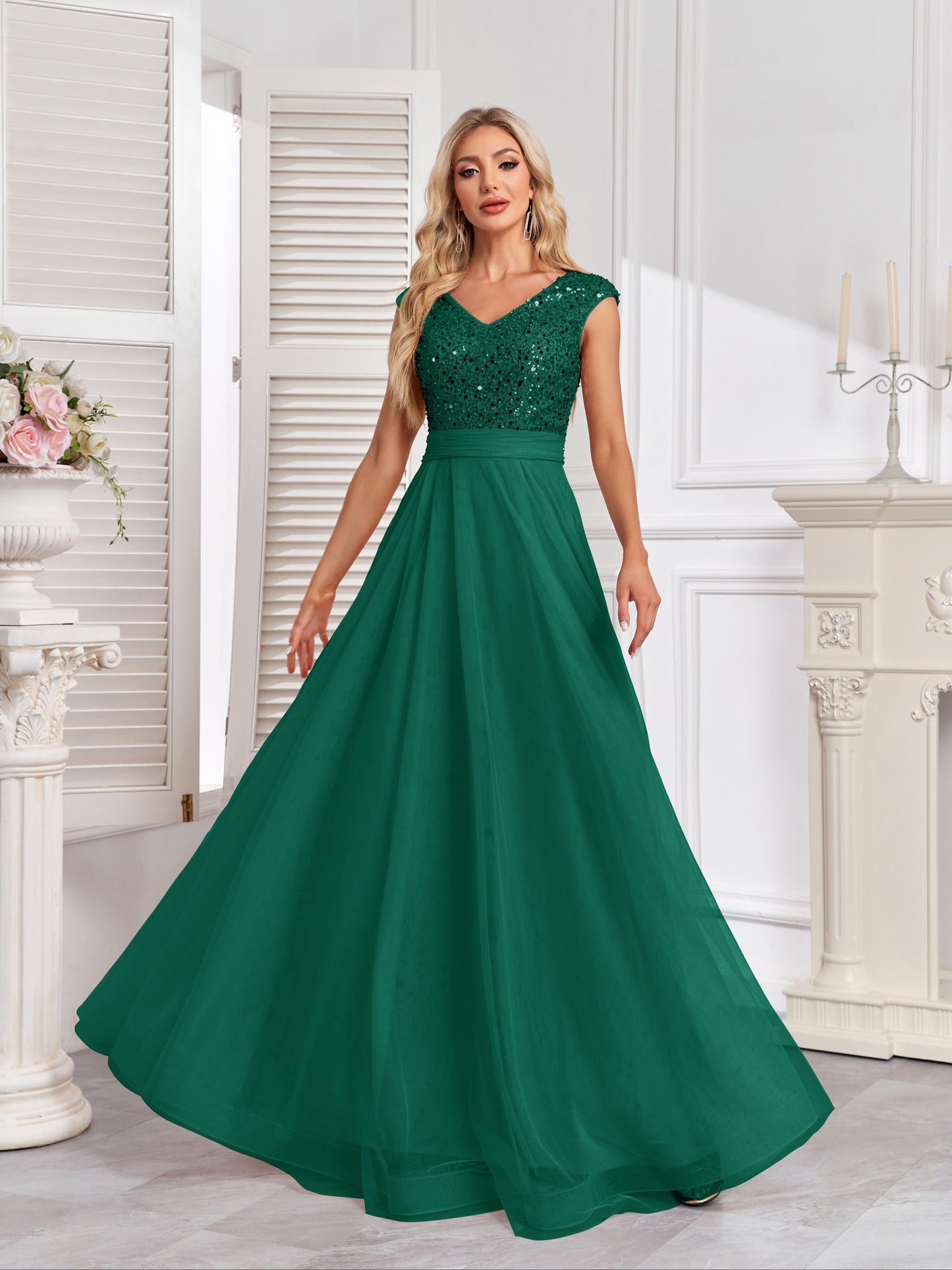 Long Sleeveless Elegant A-line Floor Length Sequin V-neck Formal Dress for Women - Shining Contrast Sequin Details, Micro Elasticity, and Loose Silhouette - Polyester Material, Hand Wash, and Perfect for Party & Banquet
