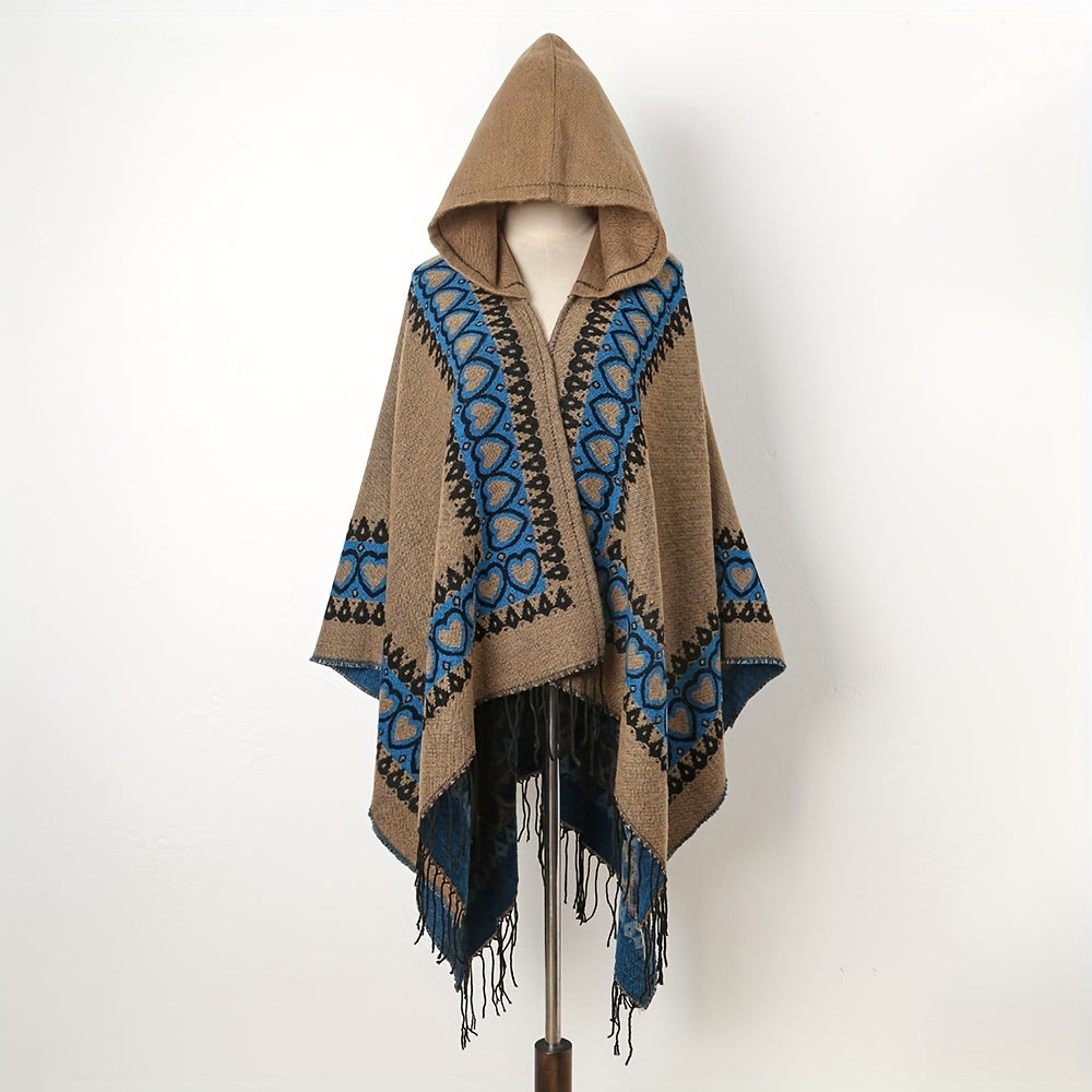 Cozy Oversized Hoodie Scarf Blanket - Stylish Boho Geometric Print with Tassels - Ultra-Soft Warm Cape for Outdoor Adventures, Windproof & Thick Cardigan Shawl