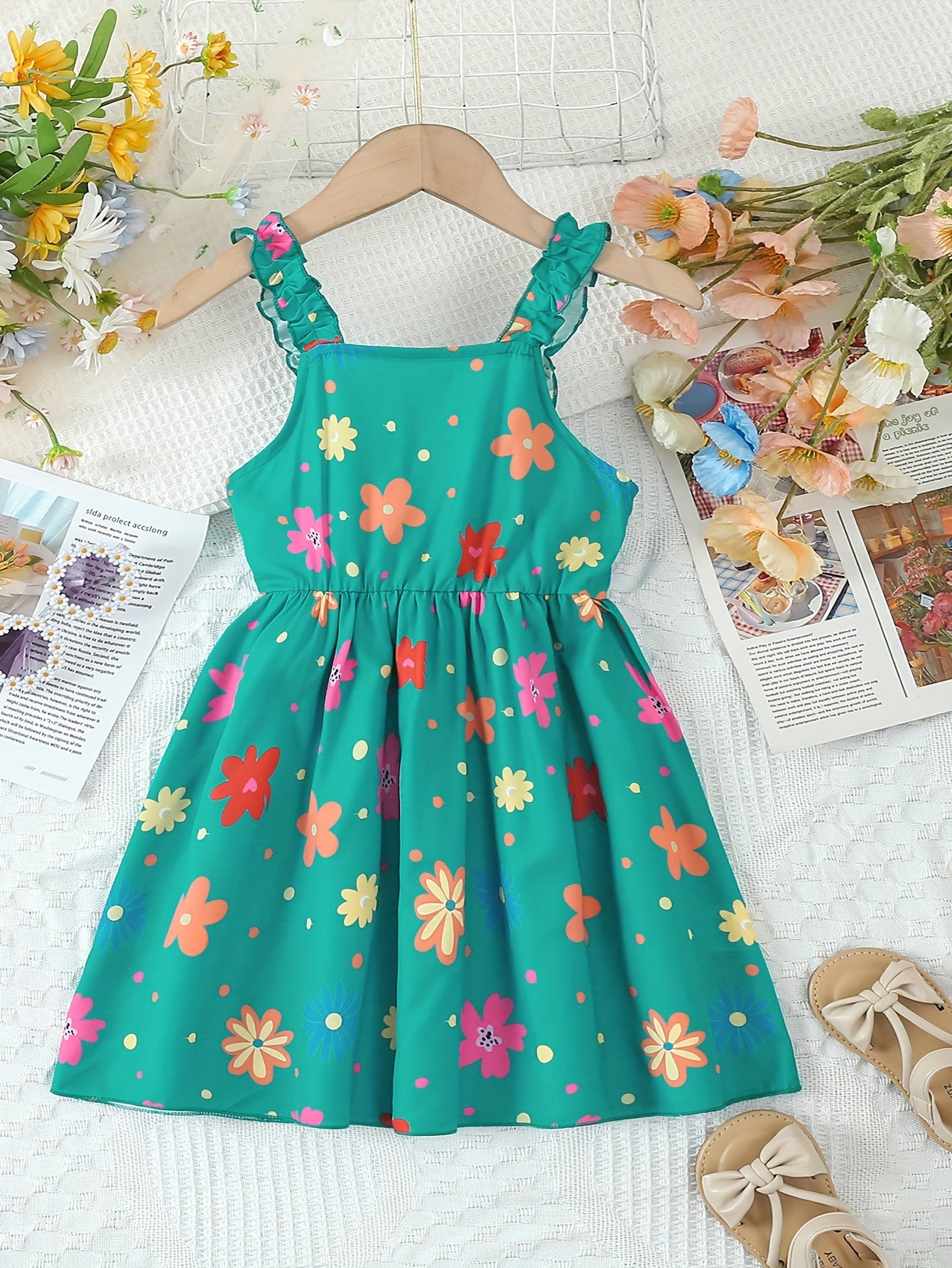 Chic Summer Floral Girls' Dress - Comfortable, Woven Fabric with Ruffle Detail & Playful Suspender Straps