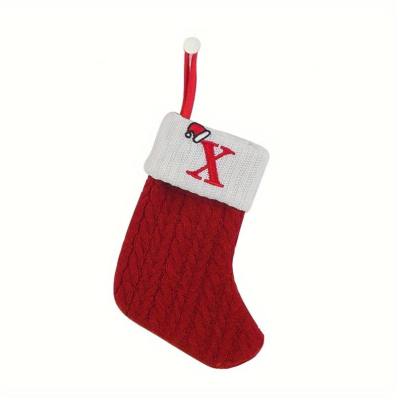 Classic Initial Mini Christmas Stockings, 1pc, Embroidered Alphabet Knit Red and White Themed Socks for Home, Christmas Tree, Mantel Decoration, No Feathers, Polyester - Festive Holiday Decor