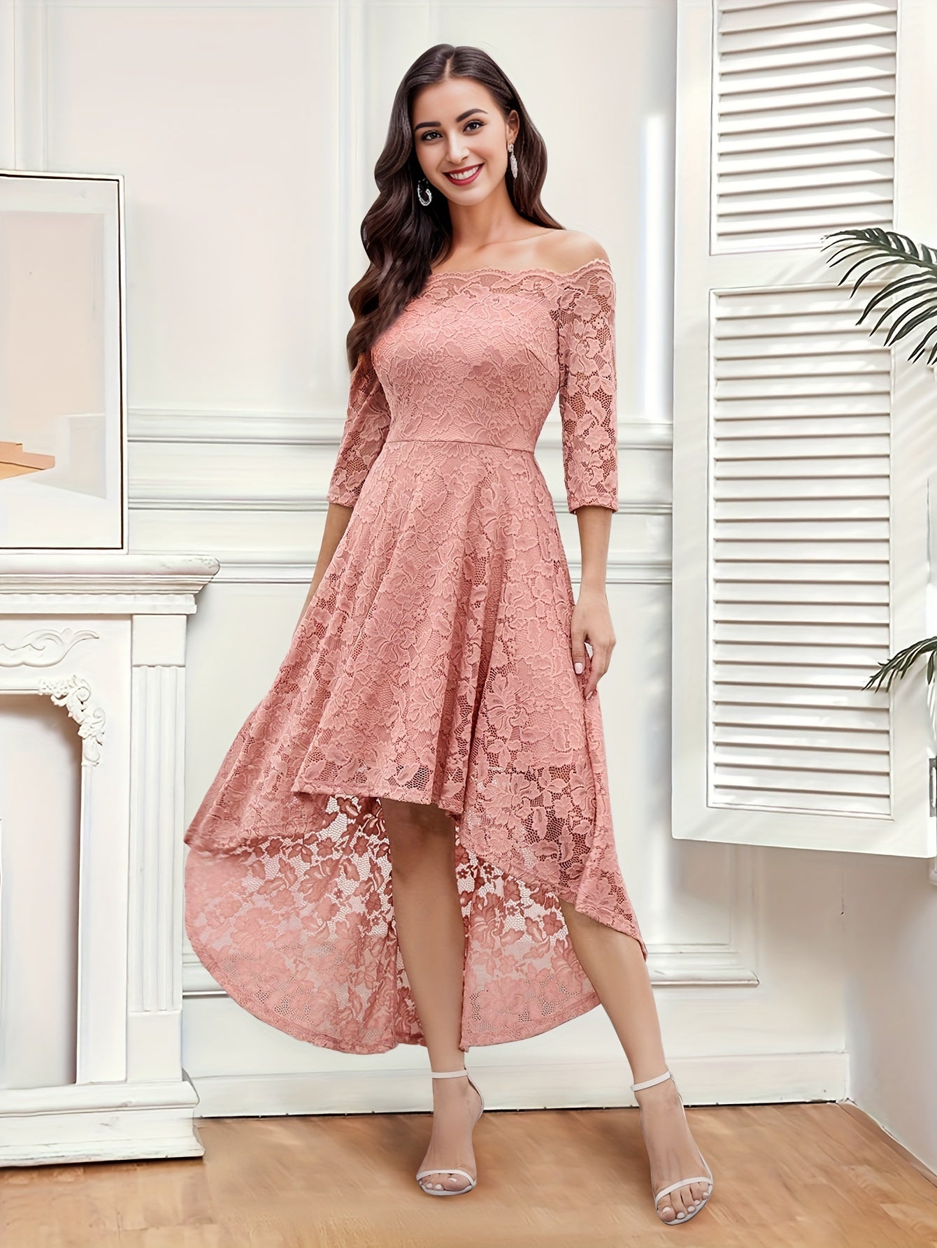 Elegant Off the Shoulder Lace Stitching Pendulum Dress - Micro Elastic Polyester, Half Sleeve, High-Low Hem, Solid Color, Hand Washable - Perfect for Wedding, Party, Banquet, and Engagement Occasions