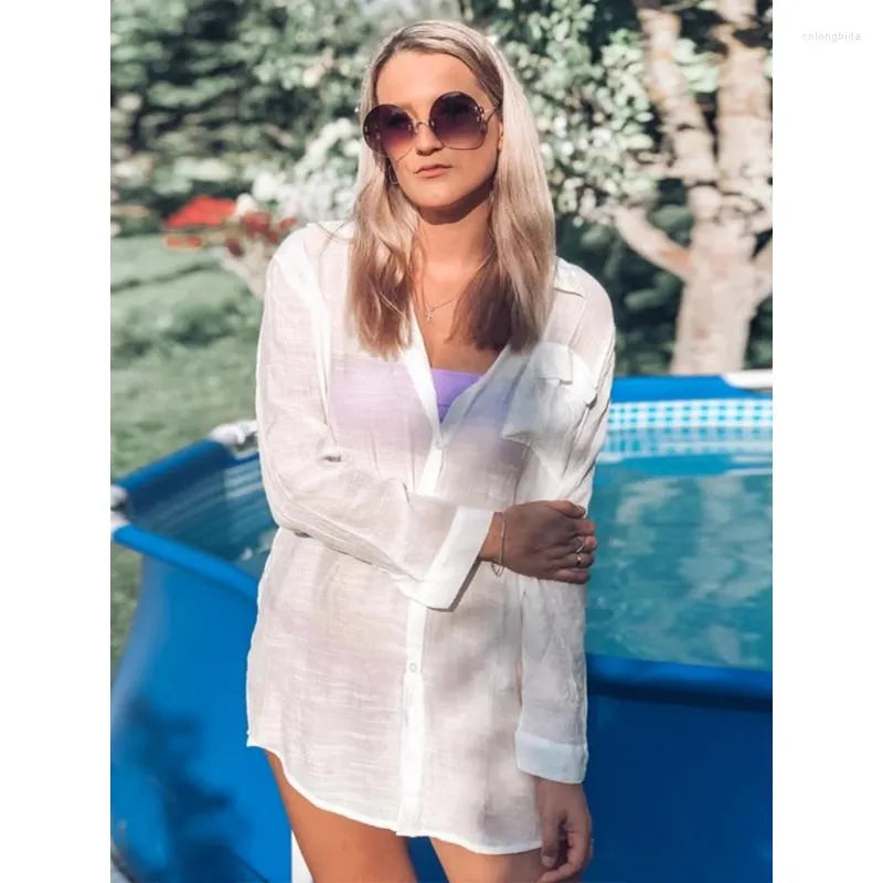 Women's Swimwear Beach Blouse Bikini Sun Protection White Tunic Cover-ups Sexy Summer Wear Swim Suit Cover Up Causal Women Tops