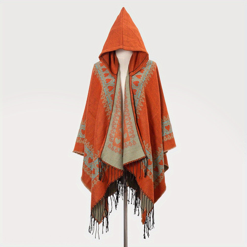 Cozy Oversized Hoodie Scarf Blanket - Stylish Boho Geometric Print with Tassels - Ultra-Soft Warm Cape for Outdoor Adventures, Windproof & Thick Cardigan Shawl