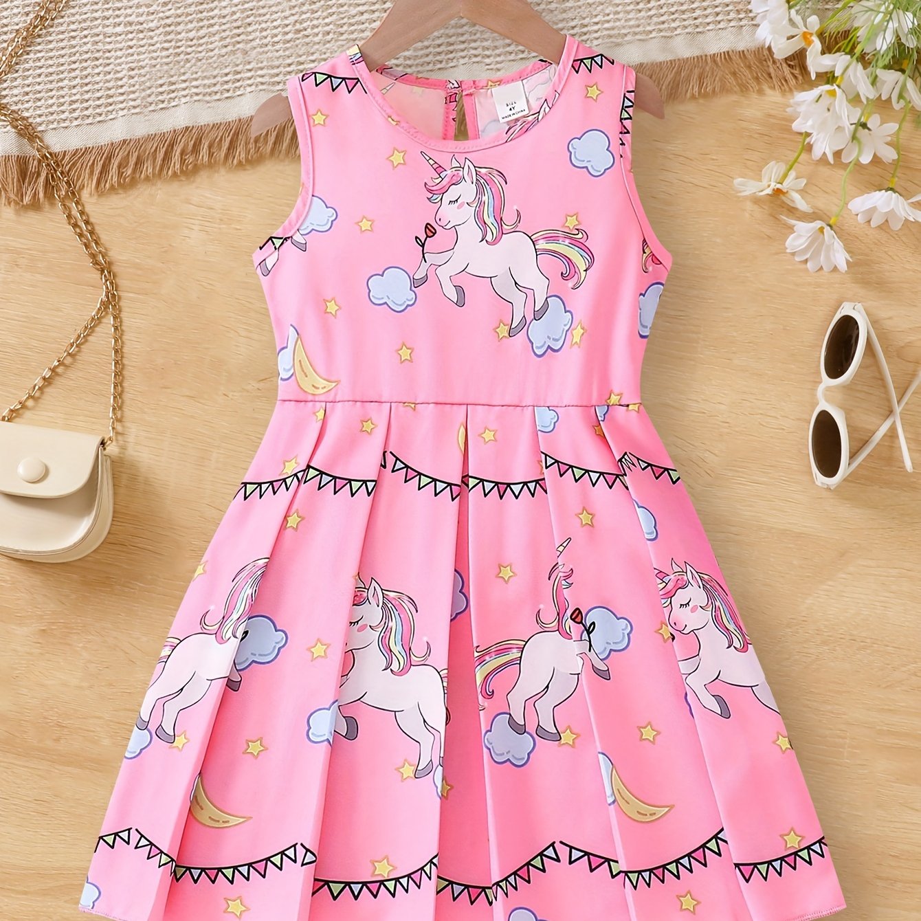 Adorable Girls Unicorn Cartoon Print Sleeveless Tunic Dress - Soft Polyester, Regular Fit, Machine Washable - Perfect for Summer Holidays and Casual Occasions