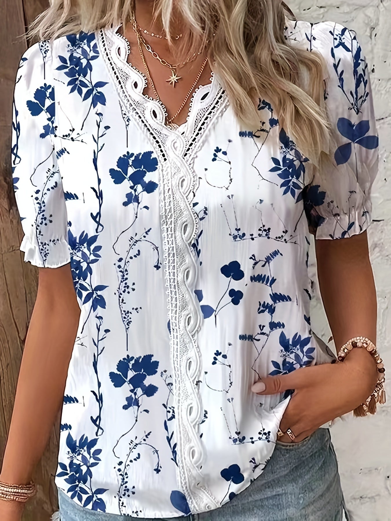 ZllKl Floral Print Lace Trim Blouse, Vacation Striped V Neck Short Sleeve Blouse, Women's Clothing