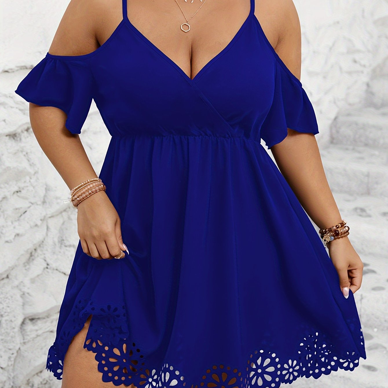 Plus Size Cutout Dress - Dramatic Cutout Trim, Cold Shoulder, Short Sleeve, Elegant Style - Perfect for Spring and Summer, Plus Size Womens Clothing