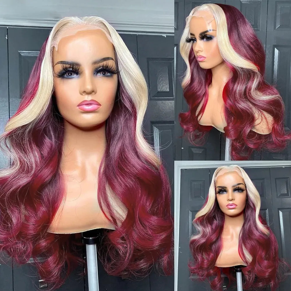 Peruvian Hair Wine Red Blonde Highlight Colored Body Wave Lace Front Wigs HD 13x4 Lace Frontal Wig PrePlucked Synthetic Closure Preplucked