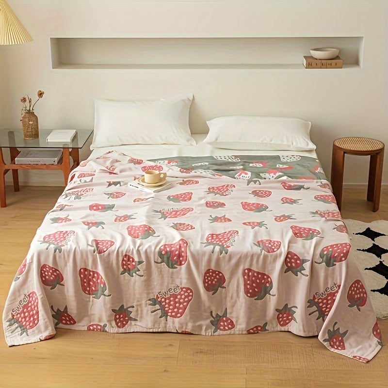 1pc Adorable Strawberry Pattern Soft Cotton Multi-Functional Blanket for Bed, Sofa, Couch, Car, Office, and Camping - Machine Washable, Reusable, and Lightweight - Perfect for All Seasons and Occasions