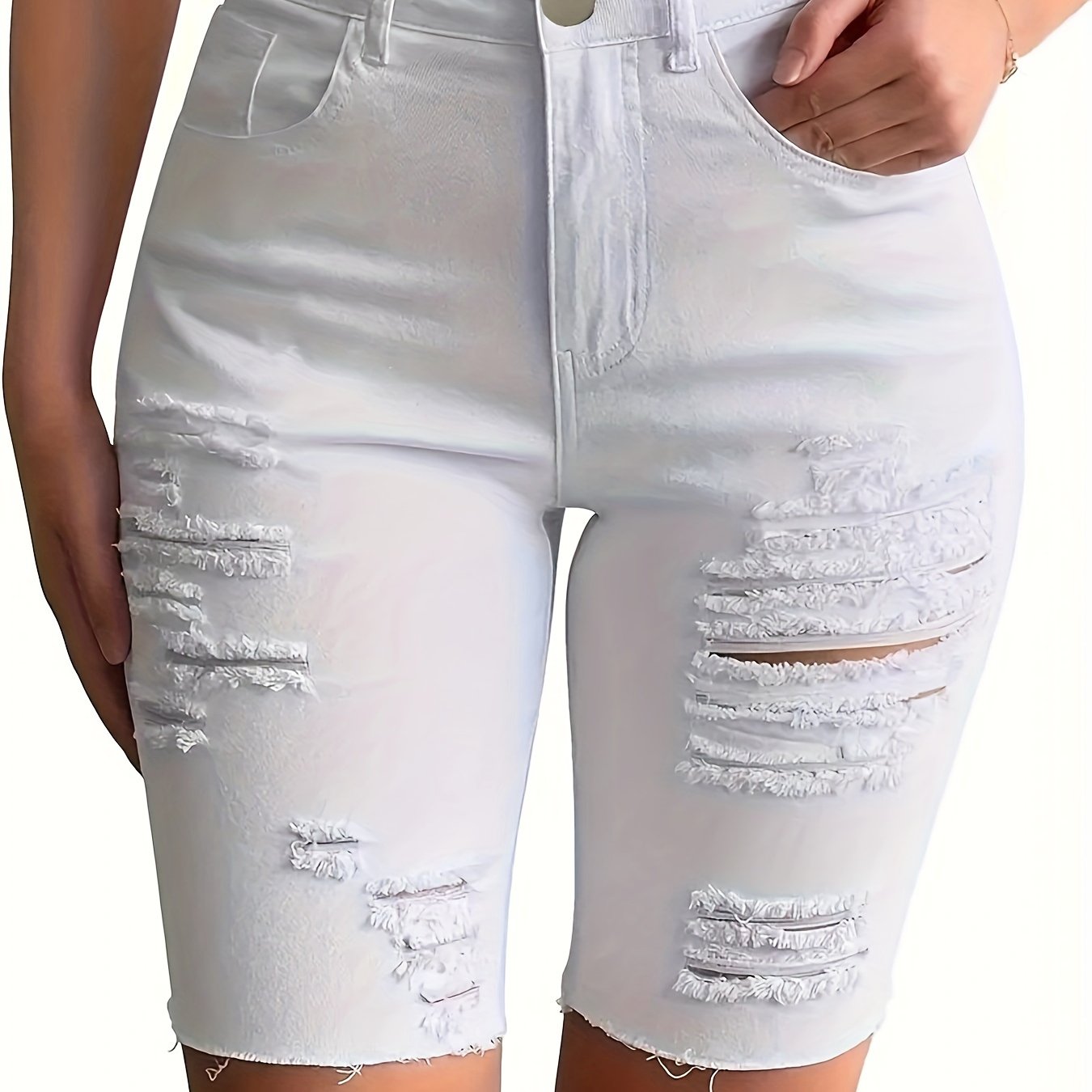 ZllKl Women's Elegant White Ripped Denim Bermuda Shorts, Stretchy Knee-Length Jeans with Distressed Detail, Frayed Hem, Casual Fashion Summer Wear