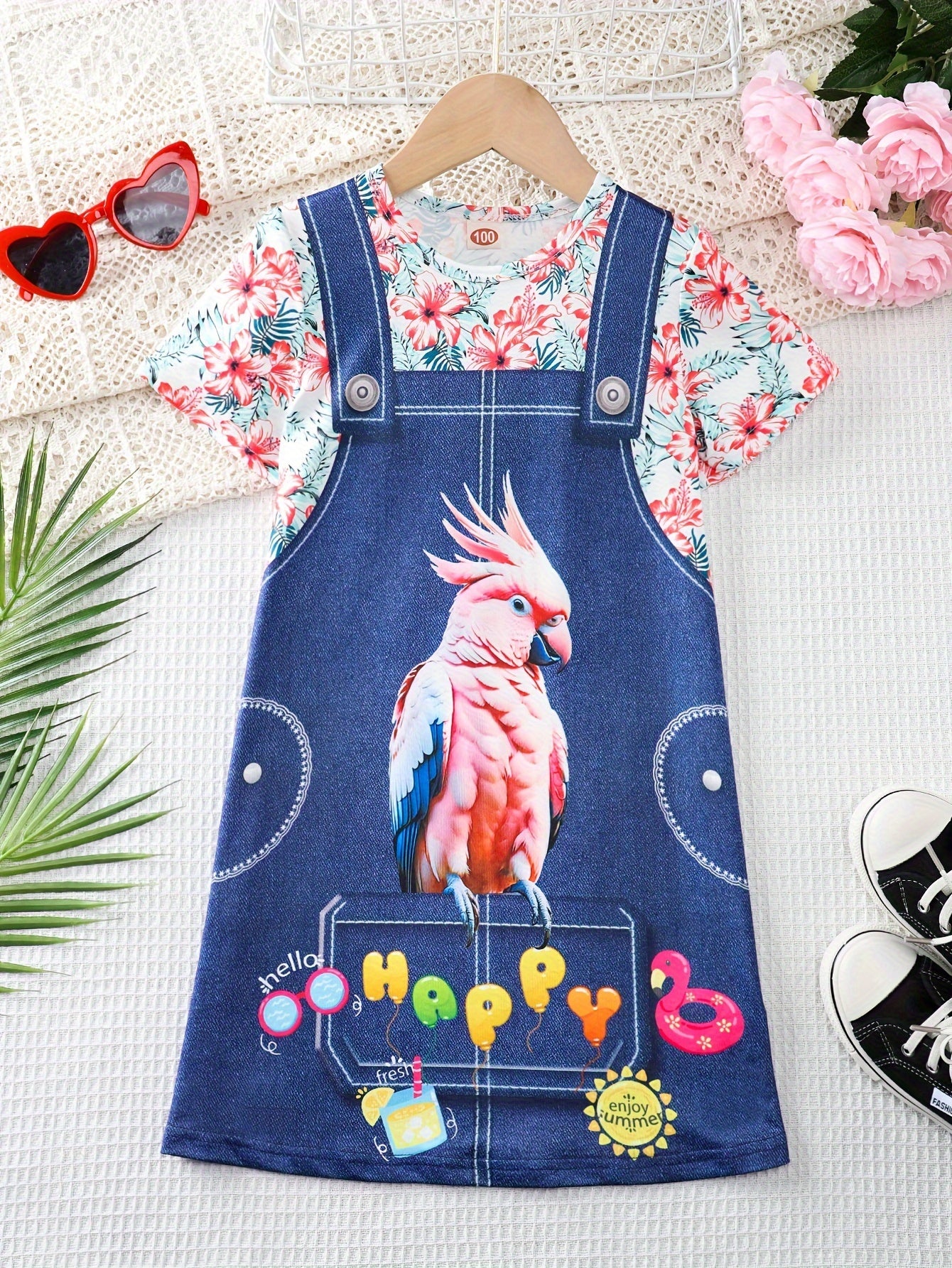 Girls Adorable 3D Elephant Print Striped Dress - Fashionable & Comfortable Crew Neck Summer Wear for Parties & Gifts