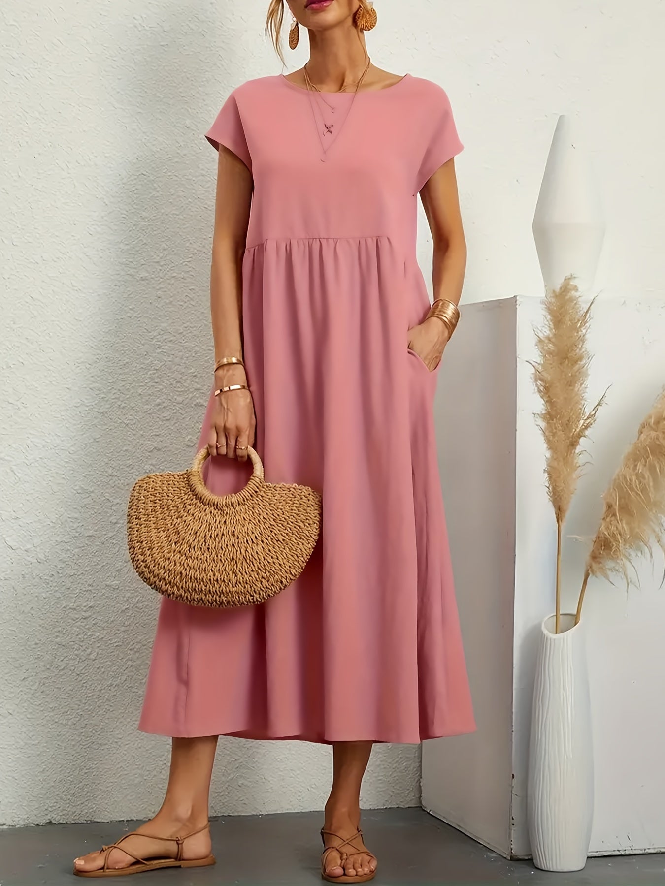 Plus Size Elegant Fit and Flare Crew Neck Dress with Pockets - Soft Medium Stretch Polyester, Solid Color, Short Sleeve, Midi Length, Perfect for Spring and Summer - Womens Casual Comfortable Knit Fabric Clothing